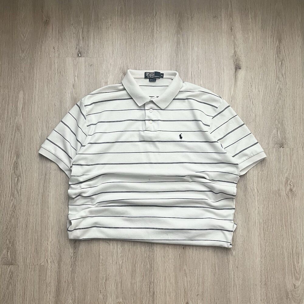 Vintage Polo Ralph Lauren Polo Shirt Mens XL White Black Striped Short Sleeve